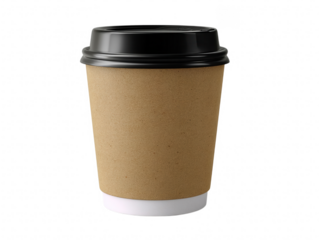 Kraft paper coffee cup with black lid isolated on transparent background