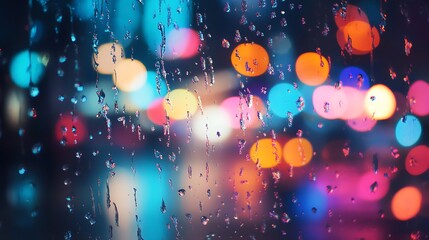 Rainy night cityscape shows colorful blur through rain-streaked glass with reflective lights for moody urban atmosphere and artistic photography concept.