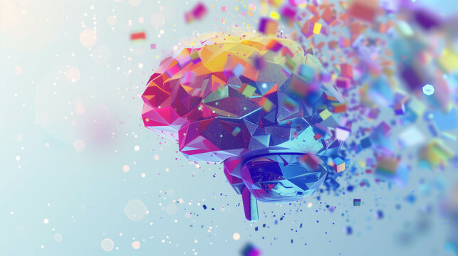 Abstract polygonal brain exploding with vibrant particles and color gradients