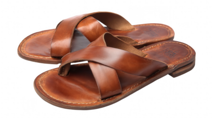 Brown leather sandals cross strap design isolated on transparent background