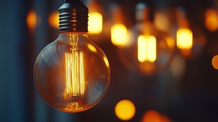Glowing vintage Edison bulb emits warm light with exposed filament for ambient illumination and classic interior home lighting decor concept.