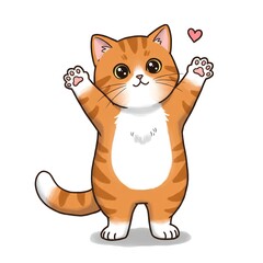 Obraz premium Kawaii Cartoon Cat Standing with Open Paws and Heart 