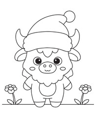 Coloring book cow wearing a Santa Claus outfit, complete with a hat and beard,
