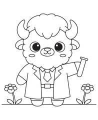 Coloring book buffalo scientist in a lab coat, holding a test tube
