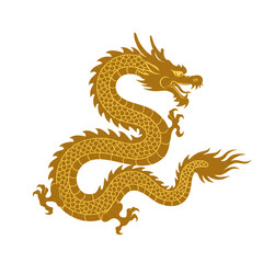 Obraz premium A golden chinese dragon with scales and claws on a white background in a stylized vector drawing