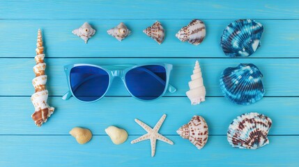 Summer beach essentials with seashells and sunglasses on a blue plank. A vibrant seaside escape.