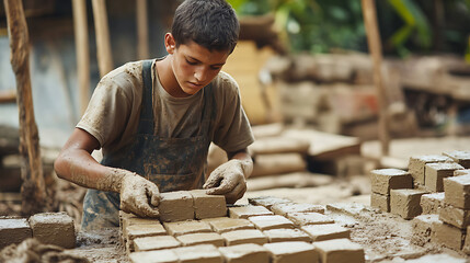 Young Worker Making Bricks in a Traditional Setting