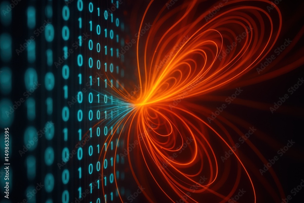 Poster Abstract Visualization of Binary Code with Flowing Red and Blue Light in Dark Background