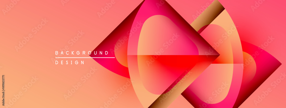 Poster Abstract design features overlapping pink shapes, gold lines. Gradient background transitions from orange to peach tones. Modern, dynamic composition.