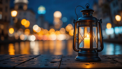 Wooden lantern candlelight, stone wall background, cozy ambiance, holiday decor	
