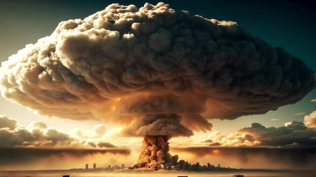 都市で核爆発によりキノコ雲が発生
A nuclear explosion occurs in a major city, creating a mushroom cloud.
