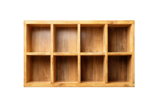 Wooden organizer shelf with eight storage compartments, cut out