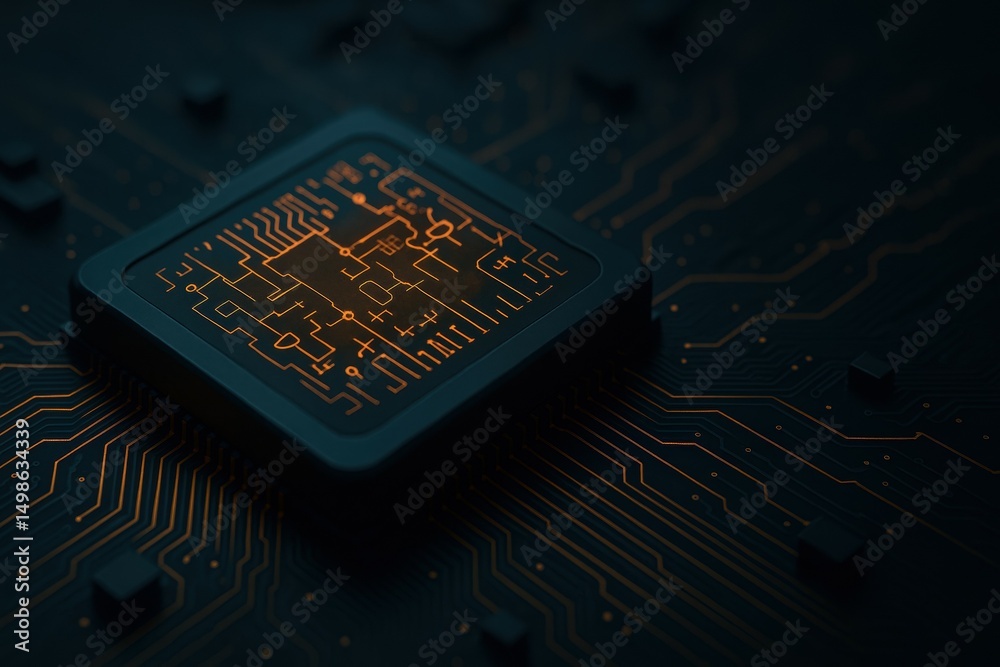 Poster intricate circuit board design with central microchip and illuminated traces on dark background