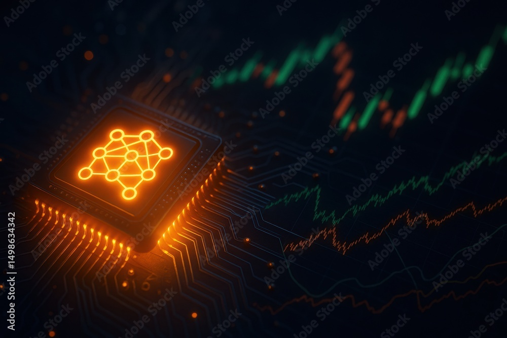 Poster digital circuit board with glowing processor and stock market data visualization