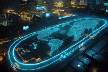 Global connectivity map, night cityscape