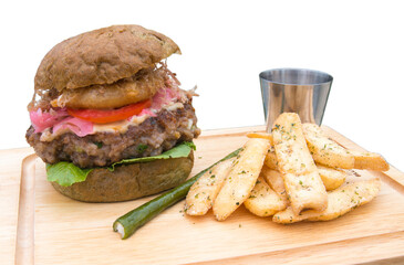 Pork hamburger and french fries on white background	