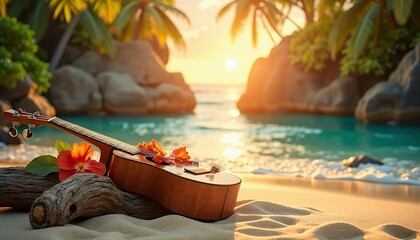 Obraz premium Ukulele on Tropical Beach at Sunset
