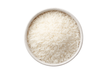 Bowl of white basmati rice against black background: top view, cut out