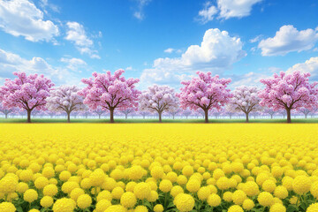 field of yellow flowers with cherry blossoms in the background