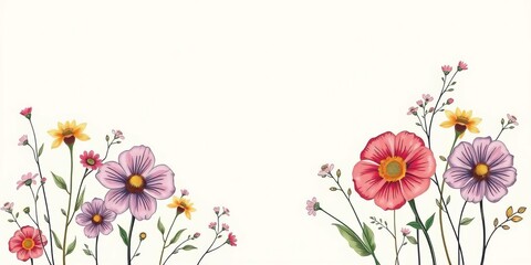 Elegant beige background adorned with a whimsical arrangement of hand-drawn flowers, providing ample empty space, background, floral