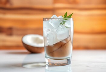 Fototapeta premium Iced coconut water in glass, condensation, empty space, pure, clean