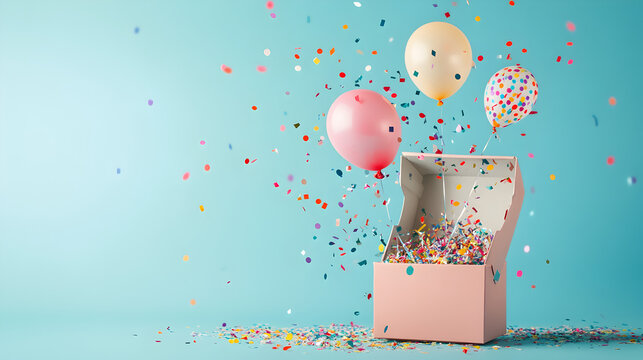 un fondo azul con espacio de copia con una caj abierta de regalo con globos y confeti par dise&ntilde;o creativo brillante y decorativo para cumplea&ntilde;os o festejo colorido 
