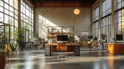 A spacious office space with large windows and multiple desks in a modern and bright interior design