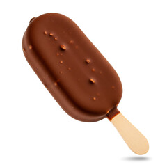 Obraz premium A chocolate covered ice cream bar with nuts on a stick isolated on a white background in studio shot