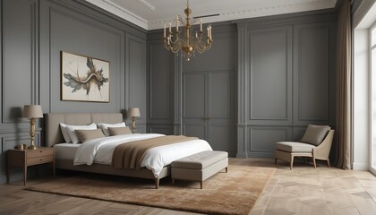 Fototapeta premium Luxurious Gray and Beige Bedroom Interior Design with Modern Abstract Art and Classic Chandelier