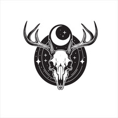 Deer Skull with Antlers &ndash; Bold Black and White Line Art Vector Illustration

