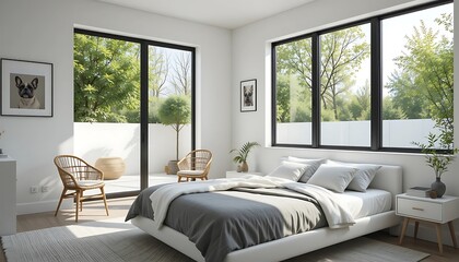 Obraz premium Modern minimalist bedroom design with patio access, featuring a gray duvet, white bed frame, and rattan chairs.