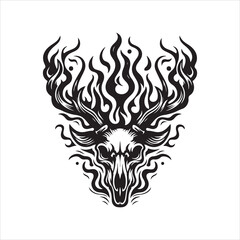Deer Skull with Antlers &ndash; Bold Black and White Line Art Vector Illustration

