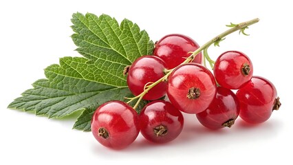 Fresh ripe red currants with green leaves on a branch isolated on white