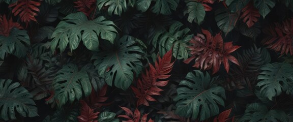 Lush, dark green & crimson tropical leaves, intricate pattern , nature, crimson, plant