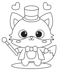Coloring book fox magician in a top hat & bow tie, holding a wand with floating hearts