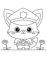 Coloring book fox police officer in a uniform and cap,
