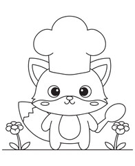 Coloring book fox chef in a tall hat holds a spoon,