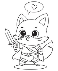 Coloring book fox warrior holds a sword with a heart bubble