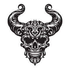 Ornate skull with devil horns drawing perfect halloween decoration