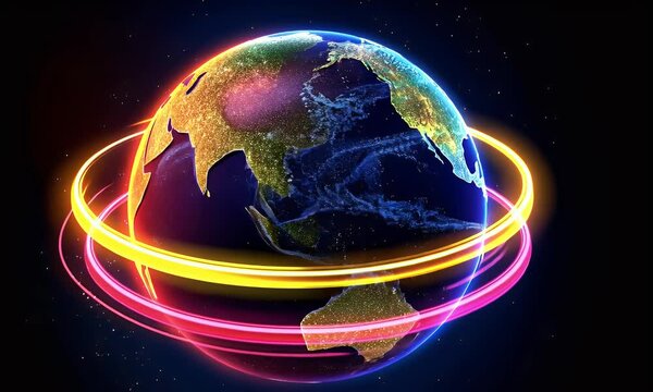 3D render of the planet Earth spinning on a purple background with a pink neon ring around it