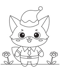 Obraz premium Coloring book fox in a festive Santa hat and smart attire,