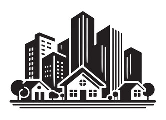 Obraz premium Cityscape Vector Silhouette Illustration with Houses and Buildings