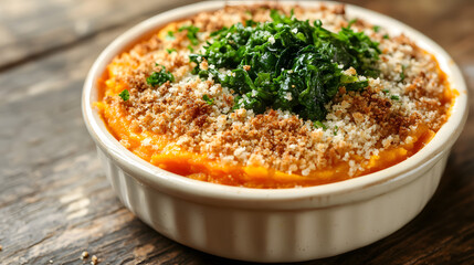 A spinach and sweet potato casserole topped with breadcrumbs and cheese.