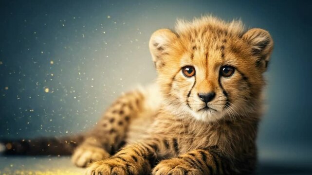 Cheetah Cub: Adorable cheetah cub with its beautiful coat resting on a dark background, an endearing close-up, evoking feelings of curiosity and innocence.