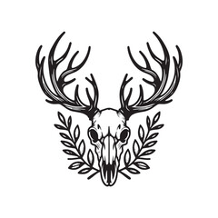 Deer Skull with Antlers &ndash; Bold Black and White Line Art Vector Illustration

