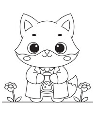Coloring book fox dressed as researcher poses holding medical equipment