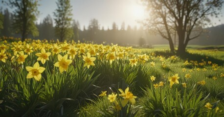 Sunlit daffodils burst forth in vibrant yellow against a lush green meadow , stock photo, spring, nature photography