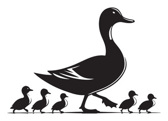 Silhouette Mother Duck and Ducklings Vector Illustration Design Element