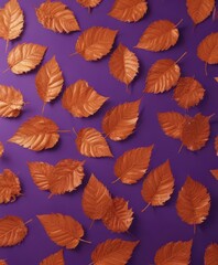 Intricate pattern of dry orange metallic leaves on a rich violet background , autumn, violet, contrast