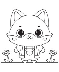 Coloring book cartoon fox in overalls, surrounded by flowers